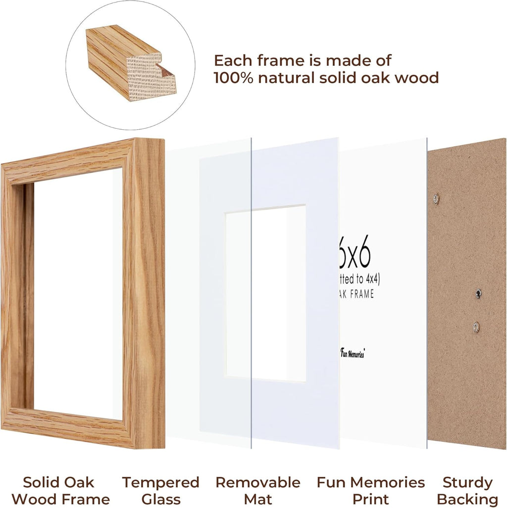 6x6 Picture Frames, Solid White Oak Wood Frame 6 x 6 with Stand for Wall & Tabletop Display, Rustic Wooden Photo Frame 6 by 6 with Real Glass, 6x6 Frame Matted to 4x4, Natural Color, Set of 4