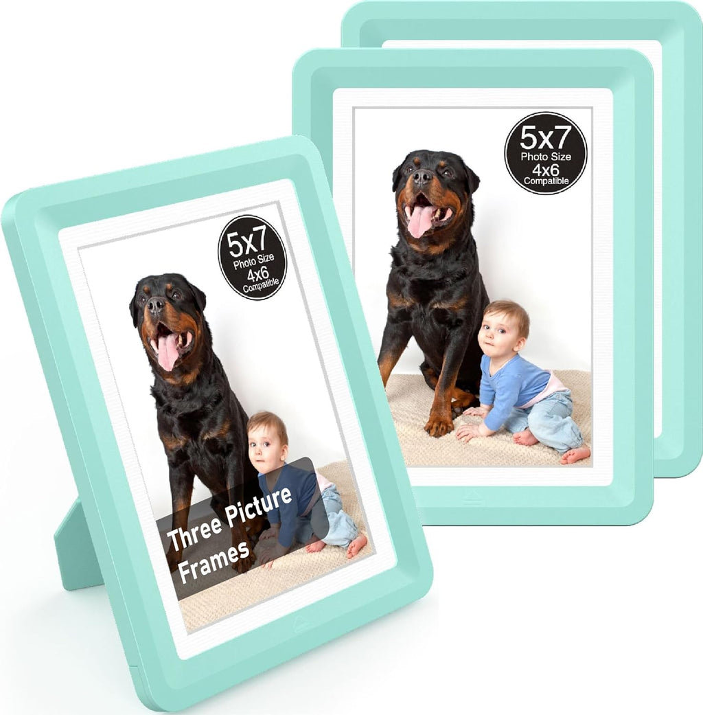 Green 5x7 Picture Frame with Acrylic Front 3 Pack, ABS Frame for 5x7 or 4x8 Photos, Shatterproof UV-Resistant Tabletop Photo Frame, Vertical/Horizontal Display for Home Décor