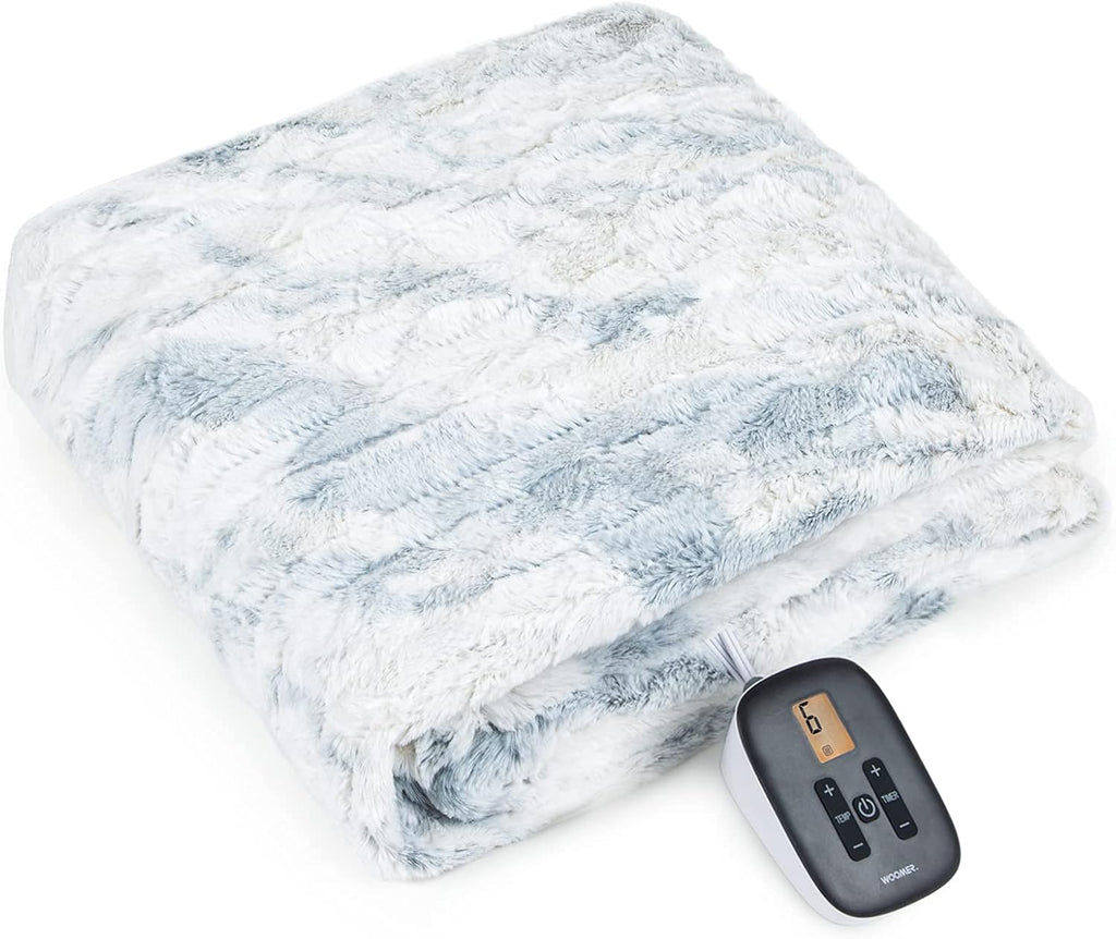 WOOMER Heated Blanket Twin Size 62" x 84", Electric Blanket with 0.5-12 Hours Timer & 10 Heating Levels, ETL Certified, Marble Blue Double-Sided Faux Fur, Over-Heat Protect, Machine Washable