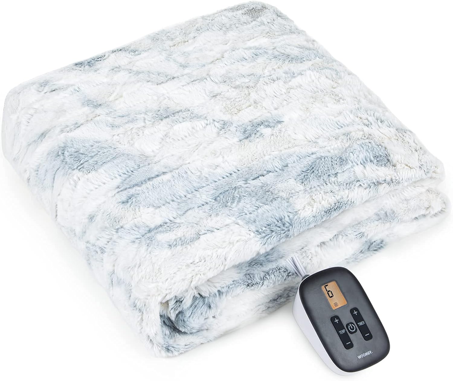 WOOMER Heated Blanket Twin Size 62" x 84", Electric Blanket with 0.5-12 Hours Timer & 10 Heating Levels, ETL Certified, Marble Blue Double-Sided Faux Fur, Over-Heat Protect, Machine Washable