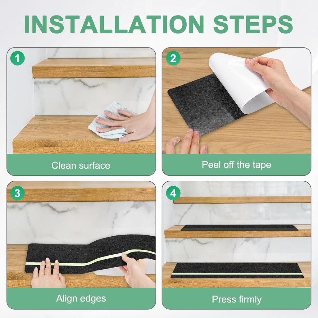 10-Pack Anti Slip Traction Tape 24" x 6" Best Grip Tape Grit with 12mm/0.47" Glow in Dark Stripe High Traction Friction Abrasive Adhesive for Indoor/Outdoor Stairs[Black+Green]