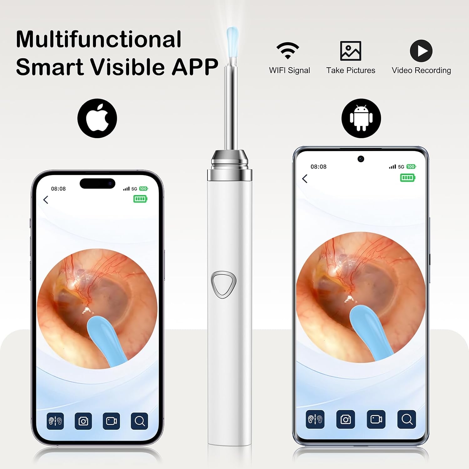 Ear Wax Removal Tool Camera，Wireless Ear Cleaner with Camera 1080P, Earwax Removal Kit with 6 LED Light 5 Replacement Ear Spoon, Ear Camera for iOS & Android (White)