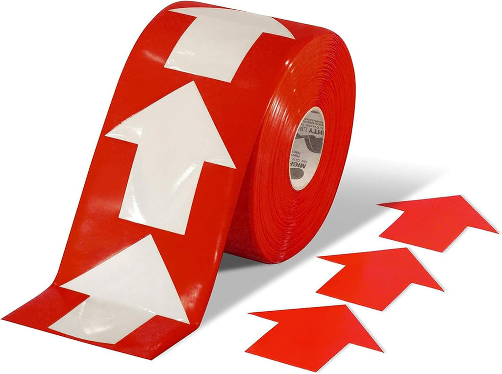 Mighty Line 5.5" Wide Solid Arrows Roll, Directional Sticker Sign Floor Marking Tape for Safety, Caution, Warning, Heavy-Duty, Peel and Stick, Adhesive, Industrial Quality, Red, Pack of 200