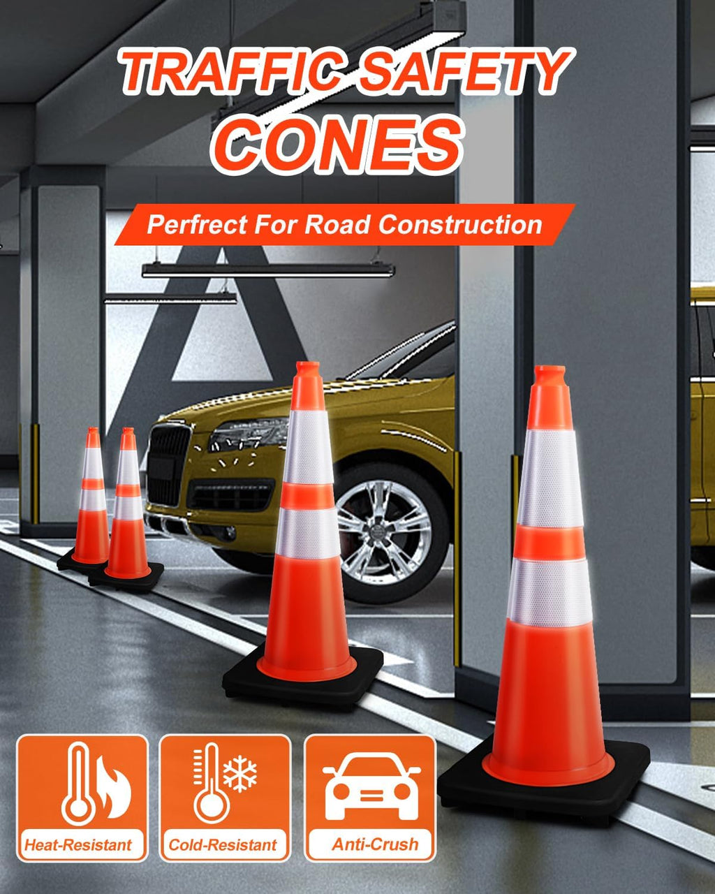 (360 Pack Pallet) BESEA 28 Inch Orange PVC Traffic Cones with Black Base, High-Visibility Reflective Parking Cones, Durable Construction Safety Cones for Roads, Worksites, and Parking Areas