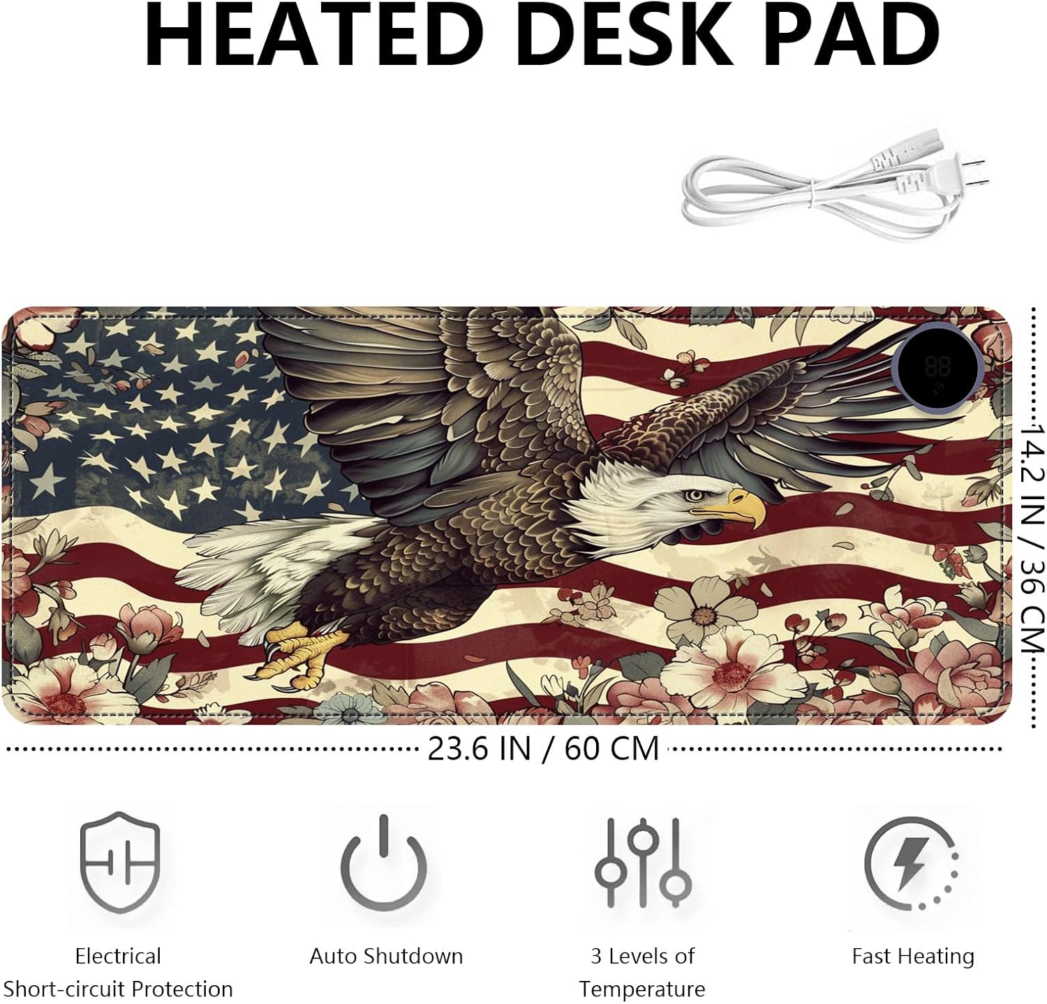 Heated Mouse Pad with 3 Levels Heated & 3 Hours Auto Shut-Off Mouse Pad for Warming Hands in Office Home, 23.6" x 14.2"Large Safe Desk Mat Hand Warmer，Flying Eagle Flag Flowers