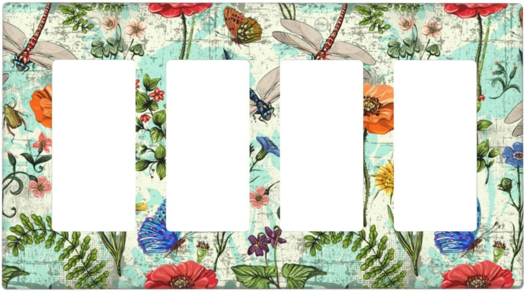 Dragonflies Flowers Butterfly 4 Gang Quad Rocker Outlet Light Switch Cover Decorative Wall Plate Cover For Home Living Bedroom Kitchen Decorative