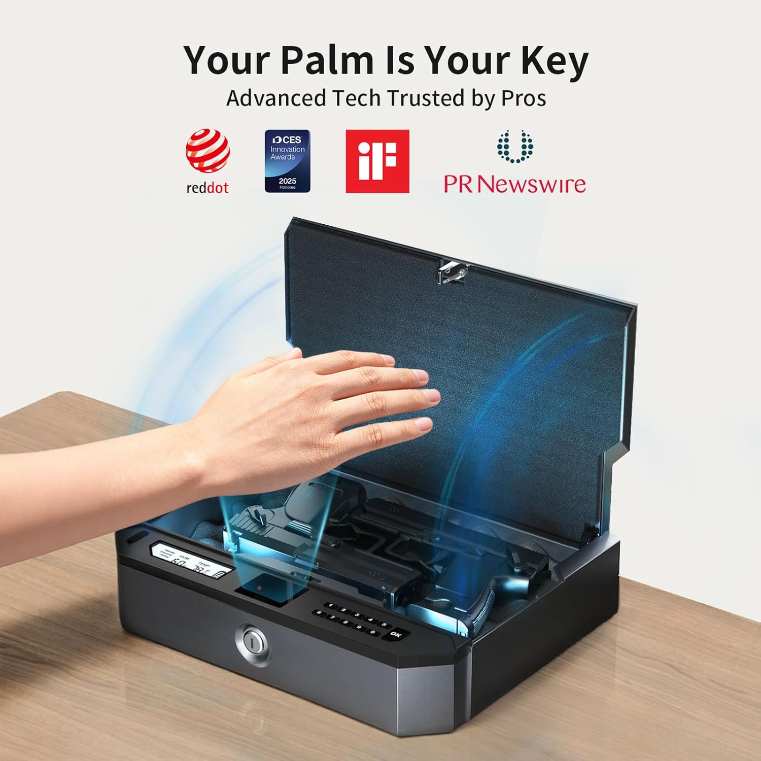 AI Smart Palm Vein Gun Safe - Childproof, Contactless 0.1s Access & 100% Unlock for Wet, Dirty, Calloused, Peeling Hands & in Darkness, Biometric Handgun Pistol Box for Nightstand, Home&Car