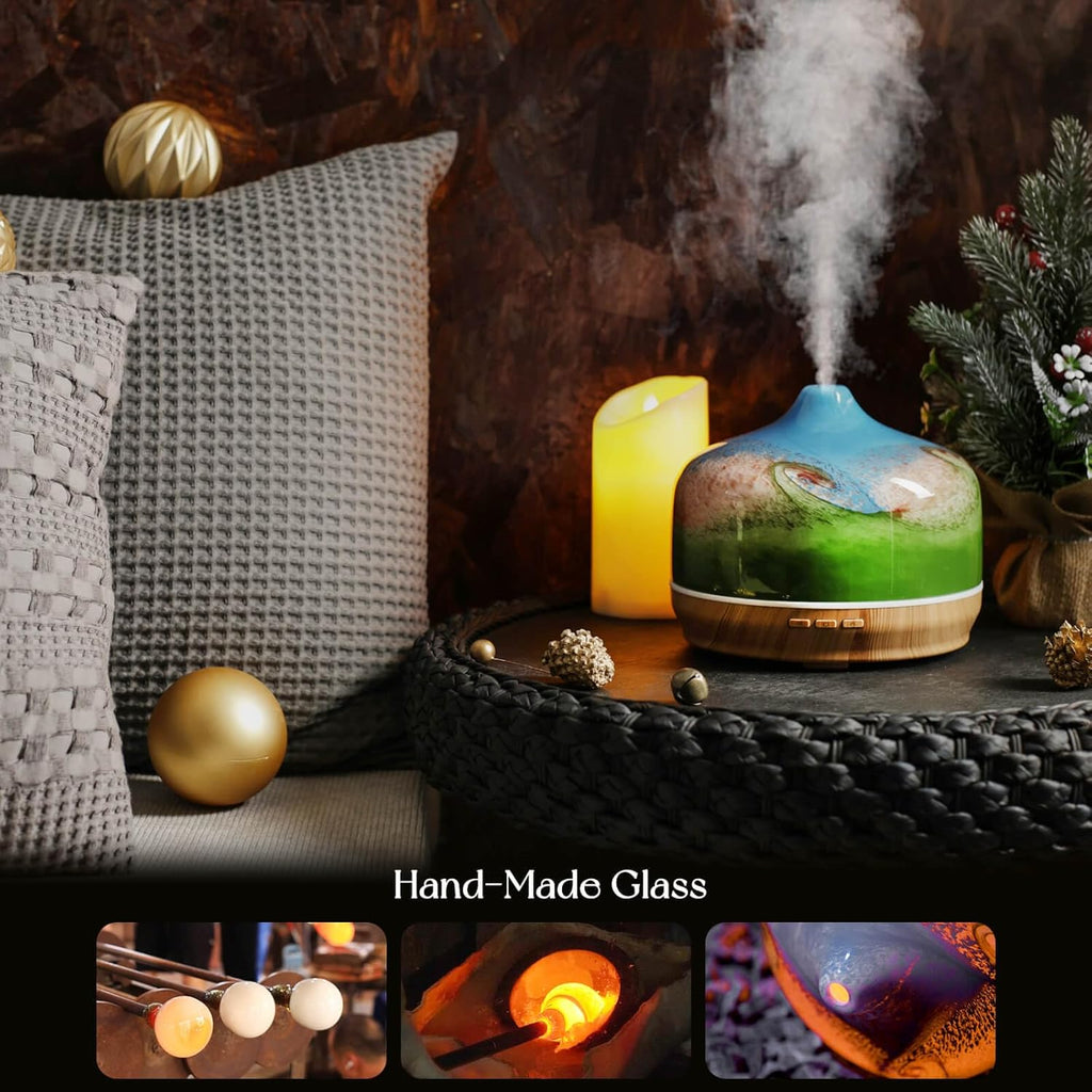 Porseme 500ml Glass Essential Oil Diffuser Aromatherapy Ultrasonic Cool Mist Humidifier 15-21 Running Hours Waterless Auto-Off Air Diffusers for Sleeping Yoga Office Working Spa and Rest (Blue Grass)