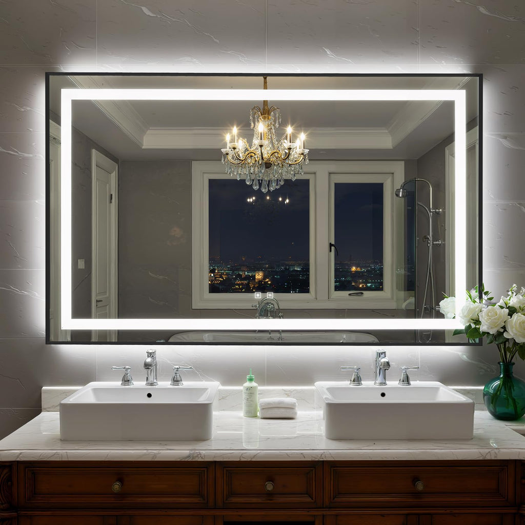 55X36 Inch LED Bathroom Mirror with Lights, Black Frame Frontlit+ Backlit Bathroom Vanity Mirror for Wall, Ultra-Clear Tempered Glass, Shatter-Proof, Anti-Fog and Memory Function, ETL Listed