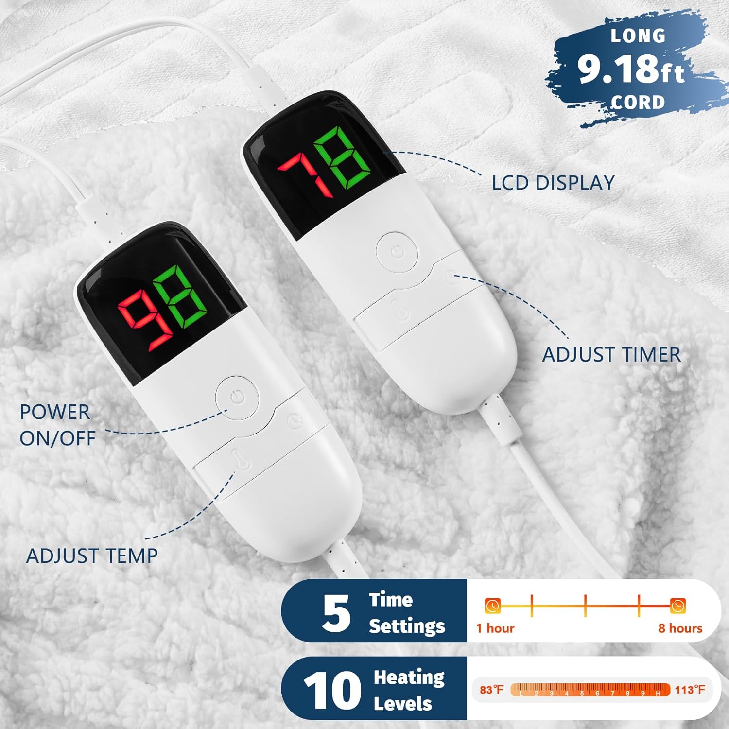 Heated Electric Blanket King Size - 90" x 100" Heating Blanket with Dual Control, 10 Heating Levels & 8 Hours Auto Off, Soft Warm Flannel Blanket, Christmas Birthday Gifts for Senior Grandma