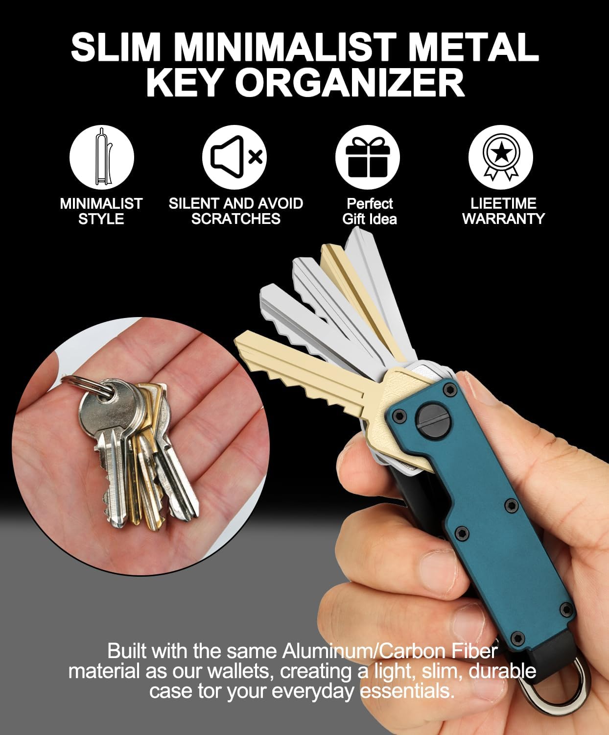 Mens Key Organizer - Compact Metallic Key Holder | Minimalist Innovative Keyholder | Smart Keychain Secures 1-5 Keys