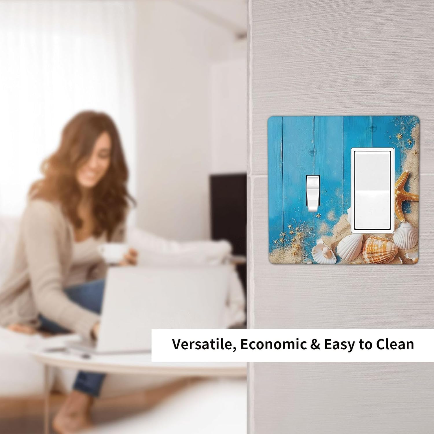 Outlet Covers Blue Wood Grain Beach Shell Starfish 1 Toggle 1 Rocker Combination Decorative Wall Plate Electrical Switch Plates Light Switch Cover Plate for Bathroom Farmhouse Decor