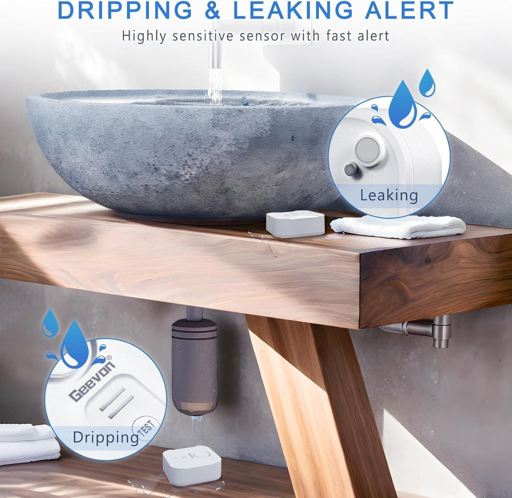 Geevon 2 Pack Water Leak Detectors for Home, 100dB Water Sensor Alarm Flood Leakage Detection Devices for Bathroom, Basements, Laundry Rooms, Kitchen, IP56 Waterproof(Battery＆Screwdriver Included)