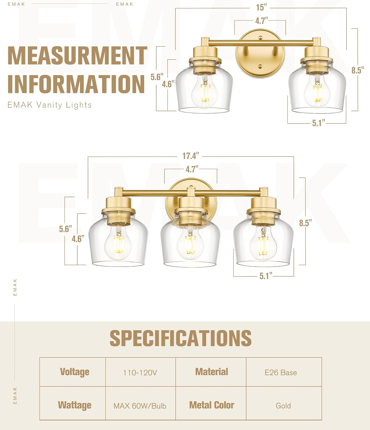 Emak Gold Bathroom Light Fixtures Over Mirror, 2-Light Bathroom Vanity Light with Clear Glass Shade, Modern Vanity Lights Wall Sconces for Bath, Makeup Desk, Mirror, VL122-GD-CG-2