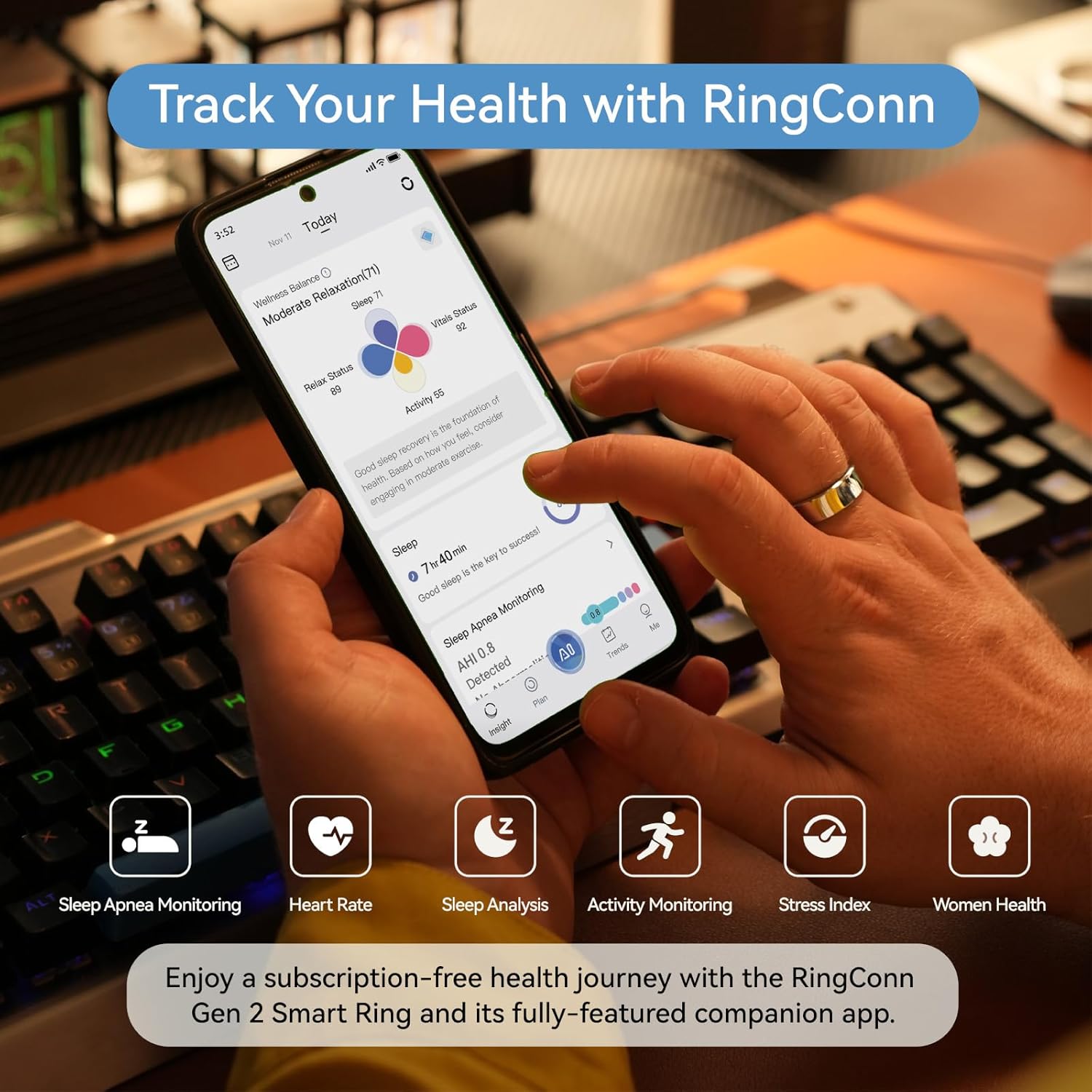 RingConn Gen 2, World’s First Smart Ring with Sleep Apnea Monitoring, No APP Subscription, 12-Day Battery Life, Stress/Heart Rate/Women's Health Tracker, Android & iOS Compatible (Silver, Size 12)