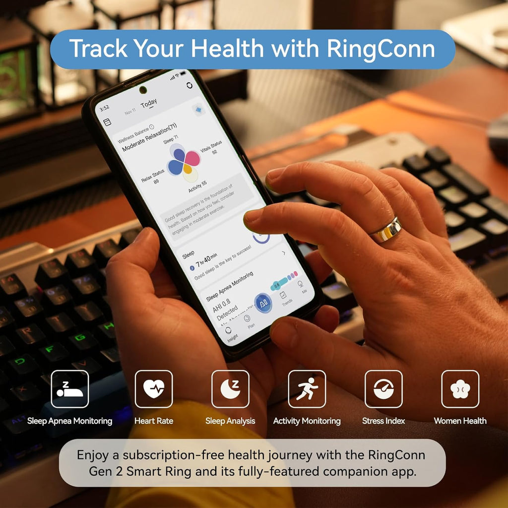 RingConn Gen 2, World’s First Smart Ring with Sleep Apnea Monitoring, No APP Subscription, 12-Day Battery Life, Stress/Heart Rate/Women's Health Tracker, Android & iOS Compatible (Silver, Size 7)