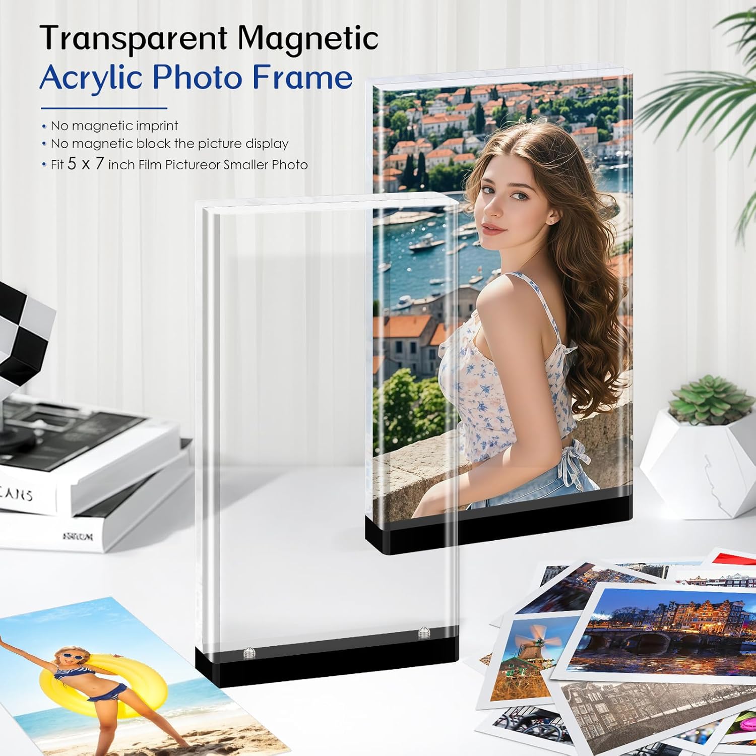 magnetic photo frames 3-Pack–10+10mm Thick Block /With Magnetic Base | Clear Stereoscopic 5x7 Desktop glass picture frame | Aesthetic Home Decor for Offices, Gifts & Memory Showcase (5×7 vertical)