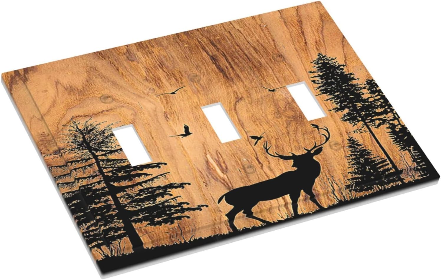 Decorative Switch Plates Rustic Farmhouse Orange Brown Pine Tree Deer Wood Grain 3 Gang Wall Plate Triple Toggle Light Switch Cover Faceplate Electrical Wall Panels for living Room Decor