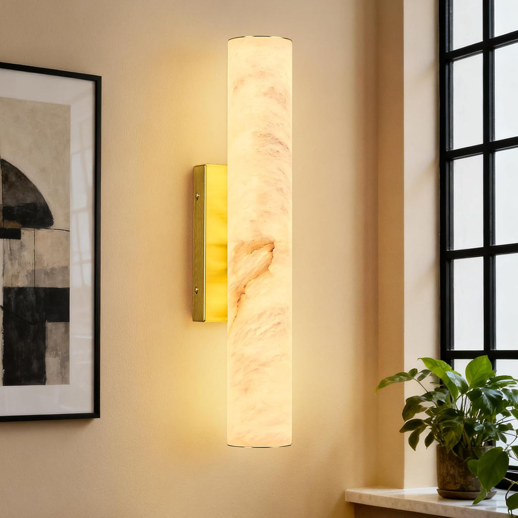 LMQNINE Natural Alabaster Wall Sconces Spanish Marble Wall Light Cylinder Modern Gold LED Sconce for Living Room Bedroom Bathroom Stairs（S-1Pack）