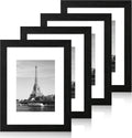 iRahmen 9x12 Picture Frame Set of 4 with Tempered Glass, Black Frames Display 6x8 Picture with Mat or 9 x 12 Without Mat, Wood Photo Frames for Tabletop Display and Wall Mounting