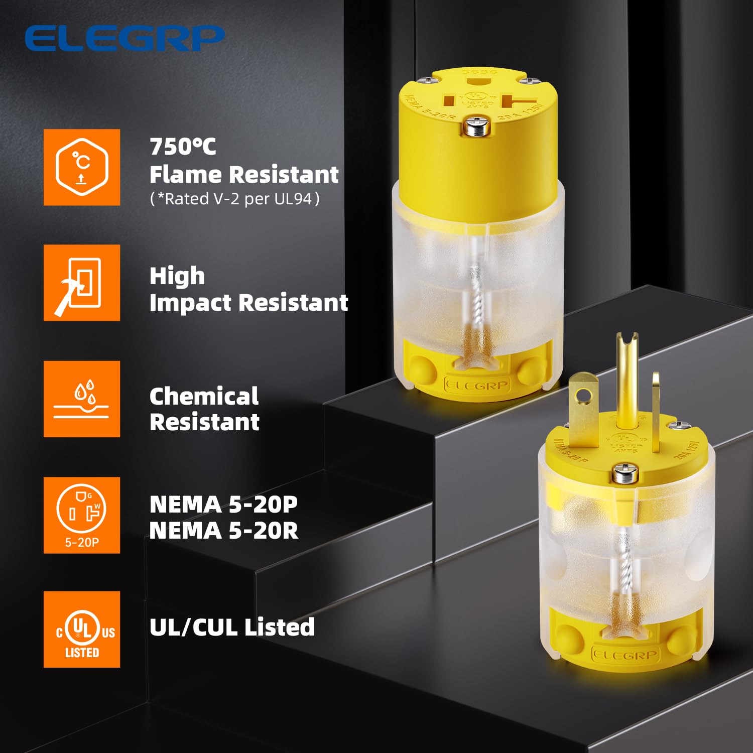 ELEGRP Lighted Straight Blade Electrical Plug and Connector Set 20 Amp 125 Volt NEMA 5-20P NEMA 5-20R 2 Pole 3 Wire Grounding, Commercial Grade, Yellow, 2 Set