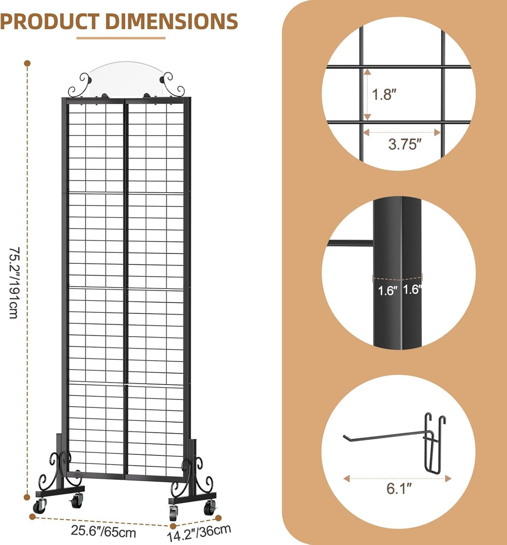 Urban Deco Grid Wall Panel Display Stand, 2.2' x 6.2' FT Gridwall Panel with Extra 8 Hooks, Craft Show Display Rack Black Metal Grids Standing Wire Rack for Retail Merchandise