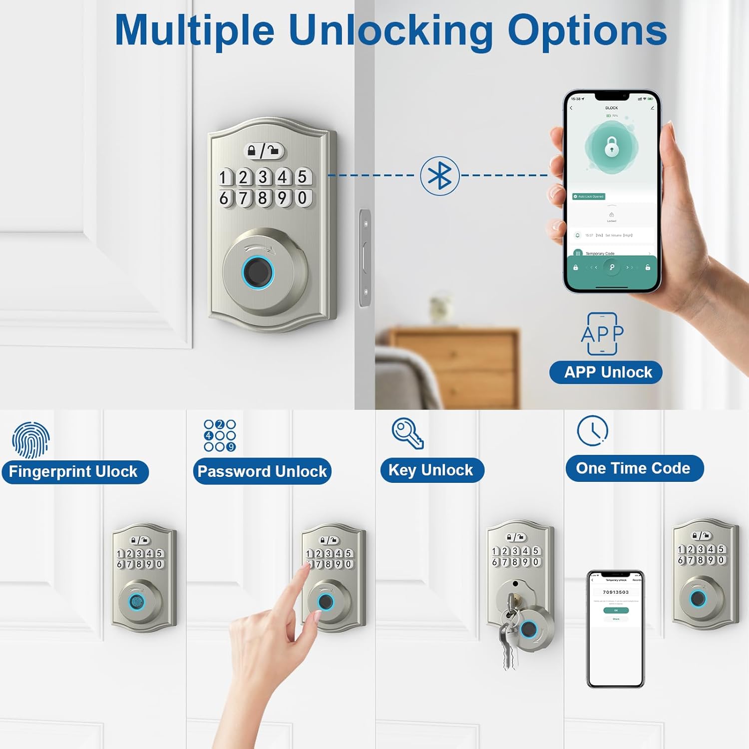 Smart Door Lock - Keyless Entry with Fingerprint/Bluetooth APP Control/Password, Auto Lock, One Time Code, Nickel