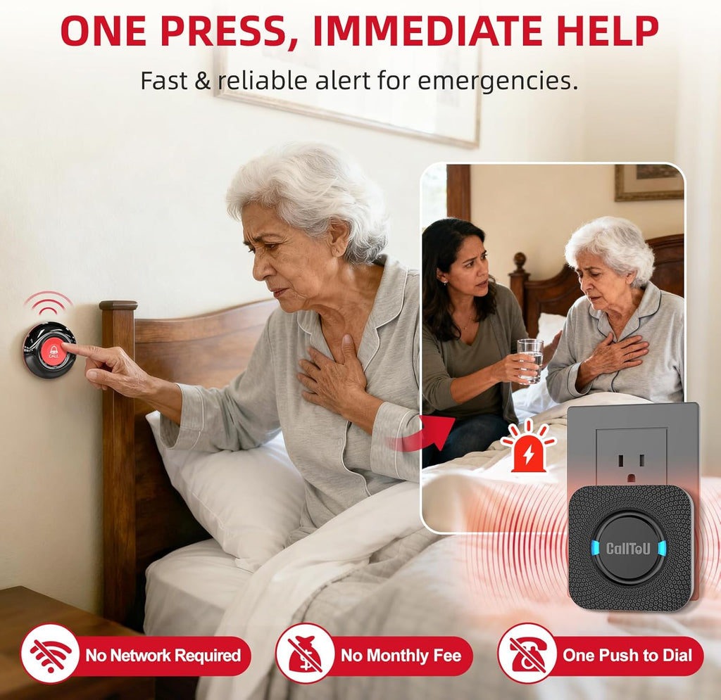 CallToU Wireless Caregiver Call Button Elderly Monitoring Alert Systems for Seniors 1 Plugin Receiver 2 Waterproof Transmitters