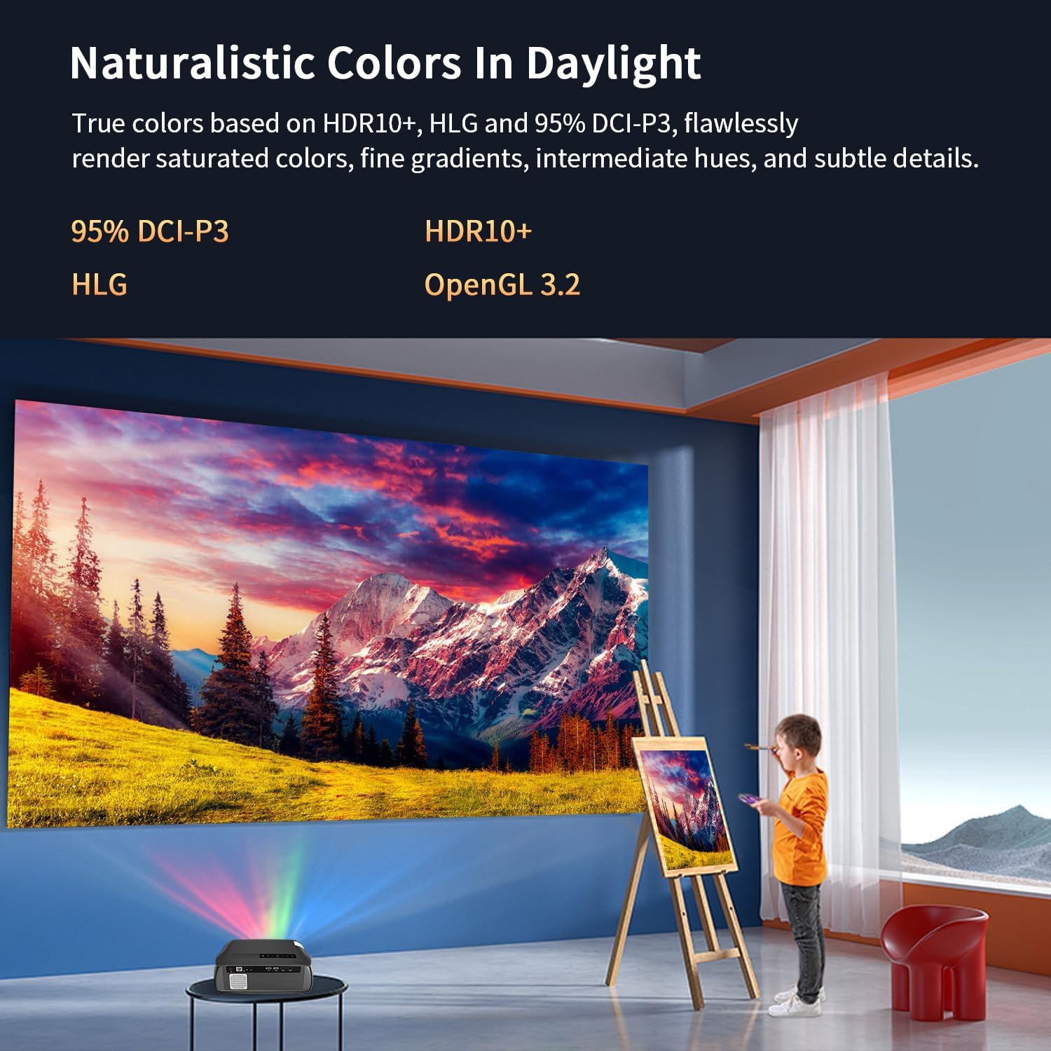 High Brightness Projector 1800 ANSI, HDR10+, 4K Support, WiFi6 & Bluetooth, Smart Android TV with Apps, HDMI/ USB, for Daylight Viewing, Low Input Lag Gaming, Silent Bedroom, Wireless Presentation