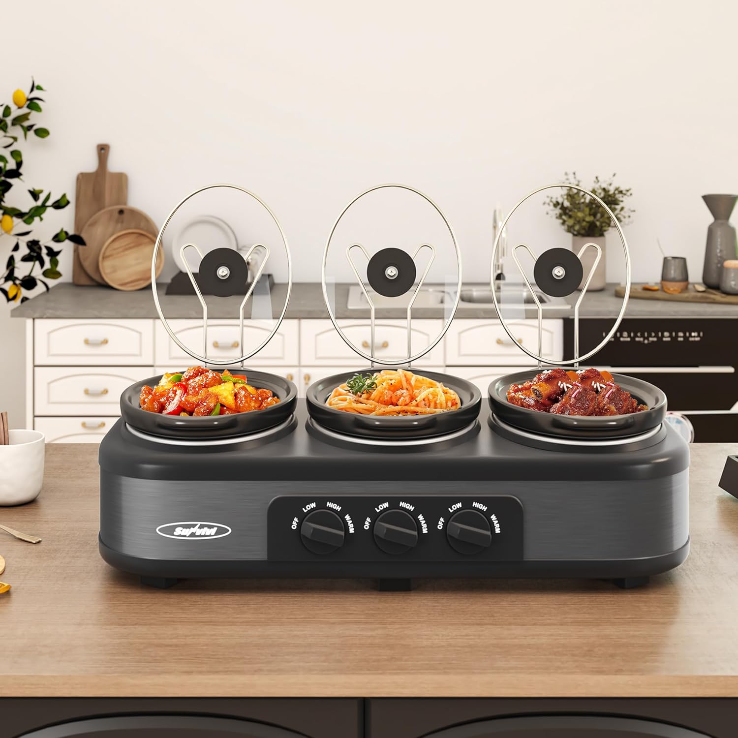 Triple Slow Cooker, Buffet Food Warmer with 3 * 1.5 Quarts Removable Ceramic Pots, Buffet Servers and Warmers with Glass Lids and 3 Spoons, Stainless Steel,Grey