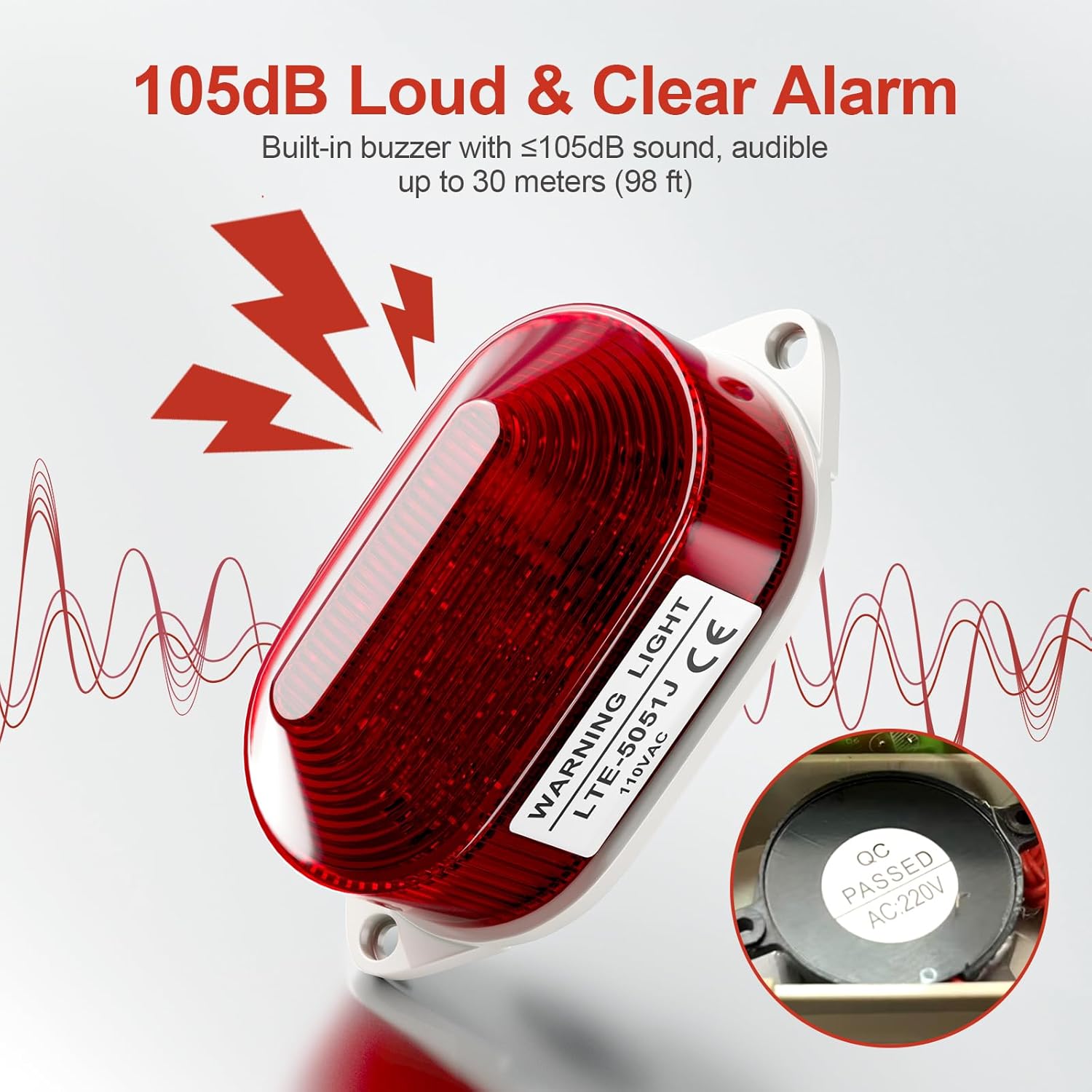 QTEATAK AC110V Strobe Siren Industrial Warning Light with Red LED and 105dB Buzzer, Ultra-Bright Signal Flashing Alarm Light for Safety and Alert, Oval