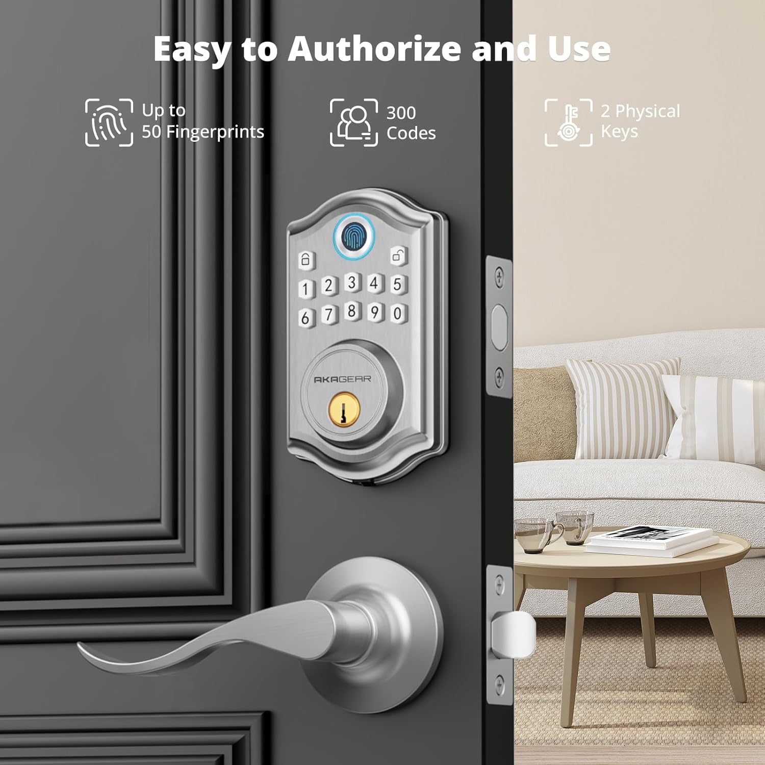 DS10 Keyless Entry Door Lock with 2 Lever Handle, Fingerprint, Keypad Code, 2 Keys, Smart Locks for Front Door, Bedroom, One-time Code, Auto-Lock, Easy Installation - Satin Nickel