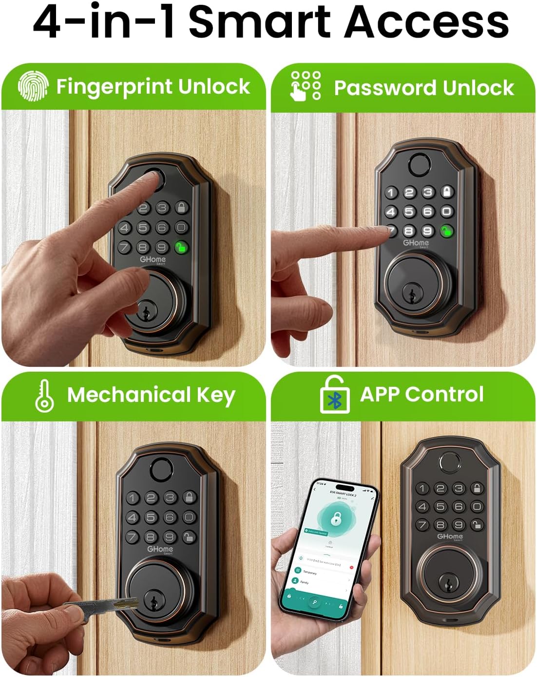 GHome Smart Door Lock KD30, Fingerprint Smart Deadbolt for Front Door, 5 in 1 Keyless Entry Door Lock, App Control, Auto Lock, 0.3s Unlock, Easy Install, for Home/Apartment/Office, Black