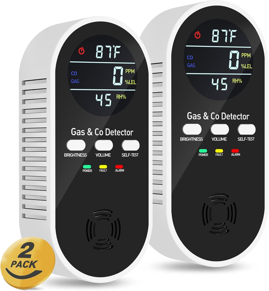 5-in-1 Carbon Monoxide Detectors Plug in – Natural Gas, Propane & CO Alarm with Dual Sensor, Temperature & Humidity Display for Home, RV, Travel, 2 Packs