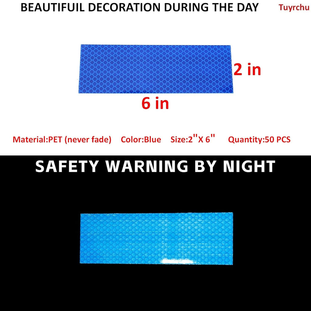 Non Fading Blue Reflective Stickers 2 inch X 6 inch, Outdoor Waterproof High Visibility Warning Safety Adhesive Reflector Tape (50 Pcs)