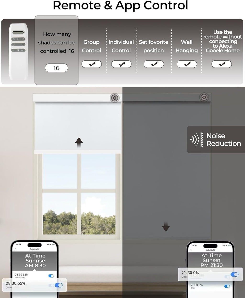 Motorized Roller Shade with Remote Control, 100% Blackout Electric 21-98” Width Blinds for Windows with Via Hub Alexa Google Home, Rechargeable Smart Automatic Customized Size（Texture-White）