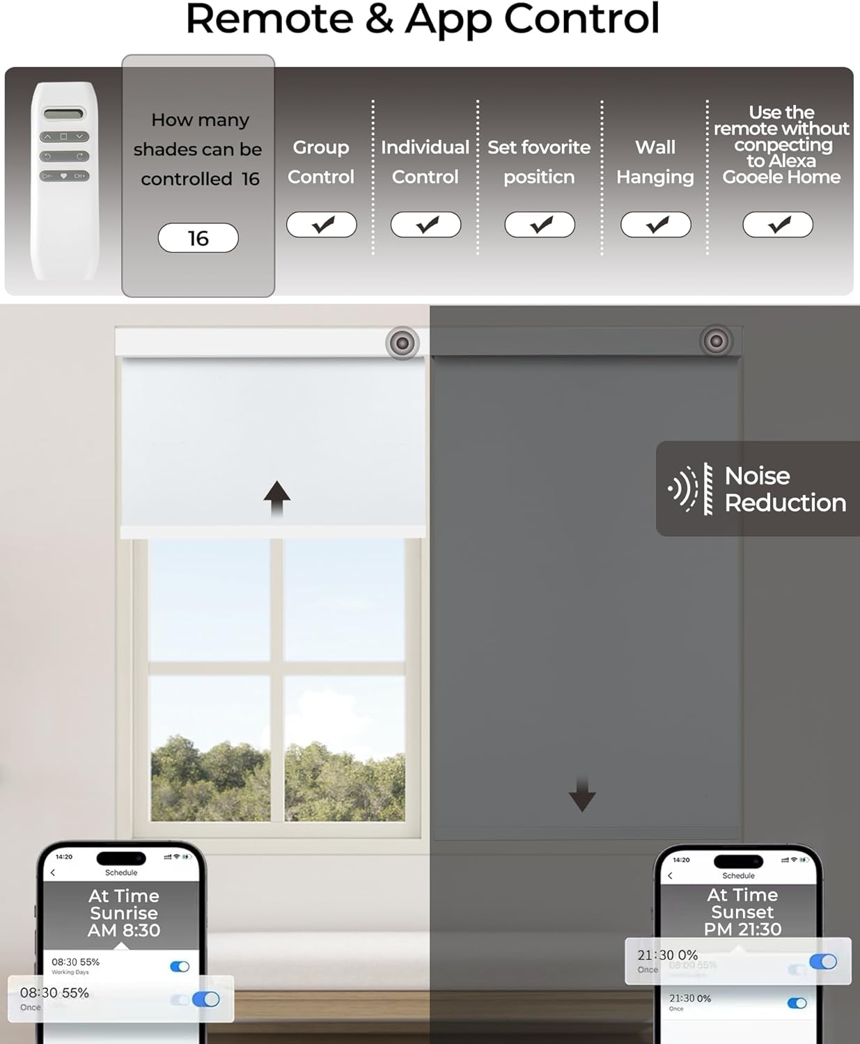 Motorized Roller Shade with Remote Control, 100% Blackout Electric 21-98” Width Blinds for Windows with Via Hub Alexa Google Home, Rechargeable Smart Automatic Customized Size（Texture-White）