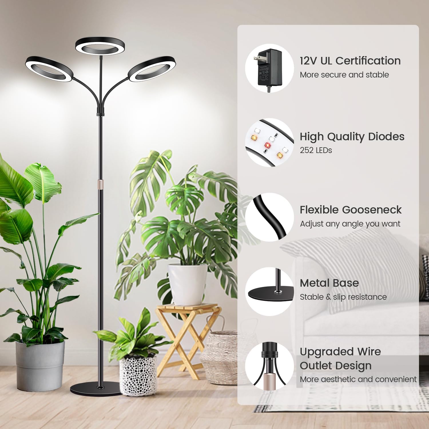 Garpsen Halo Floor Grow Light, Three-Head Full Spectrum LED Plant Light with Base, 5 Dimmable Levels & Timer 6/12/16H, 3 Color Modes Grow Lamp with 252 LEDs, 67''Height Adjustable for Large Plants