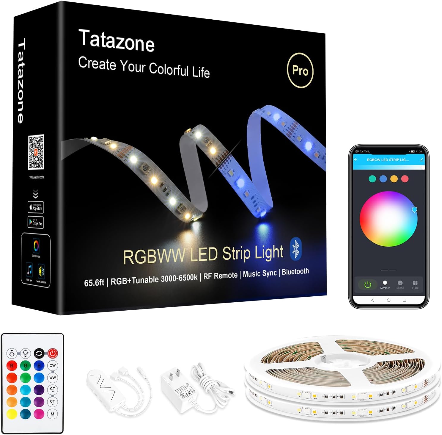RGBWW Bluetooth LED Strip Lights, 65.6ft Tunable White 3000K to 6500K+RGB Led Light Strips, Music Sync Color Changing Indoor LED Rope Lights for Cabinet, Bedroom,2 Roll of 32.8ft