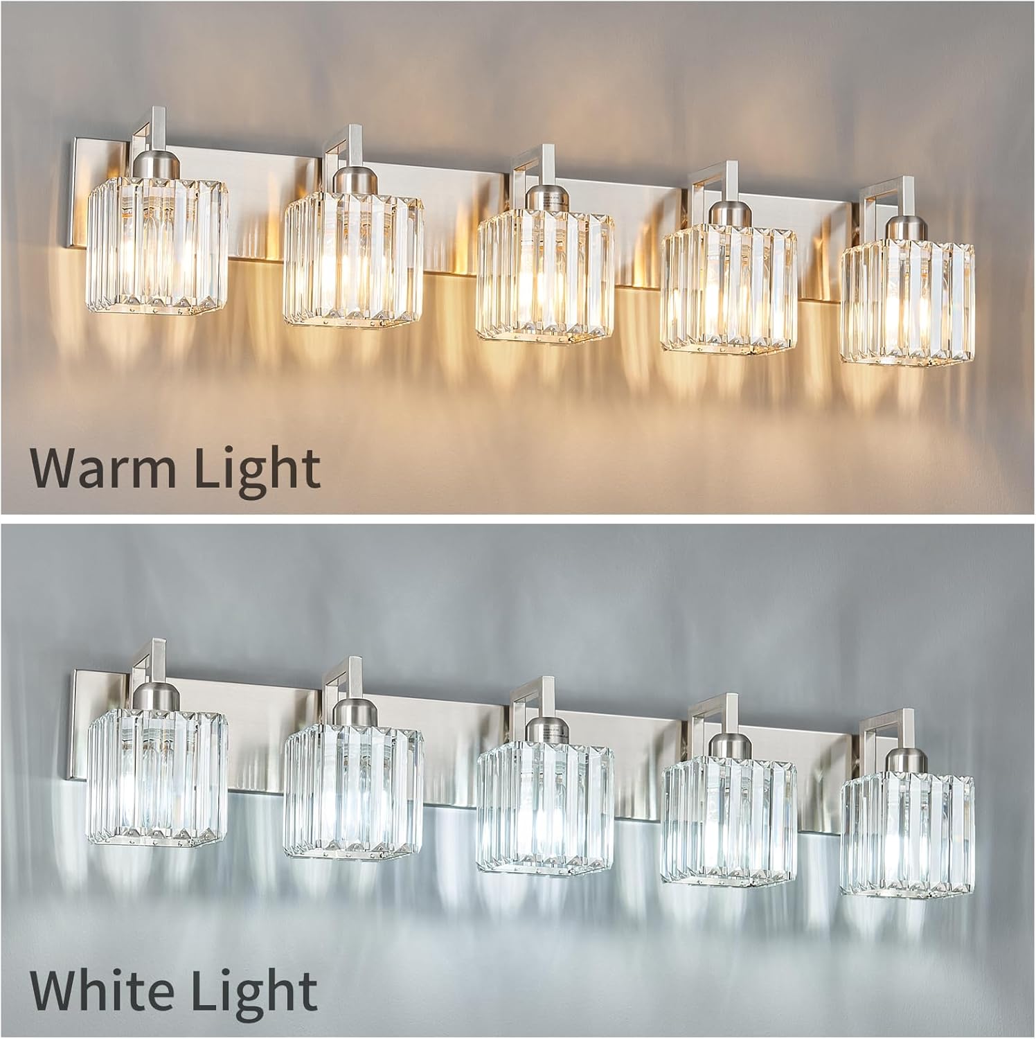 Modern Bathroom Vanity Light 5-Lights Brushed Nickel Vanity Light Crystal Wall Light Bathroom Light Fixtures