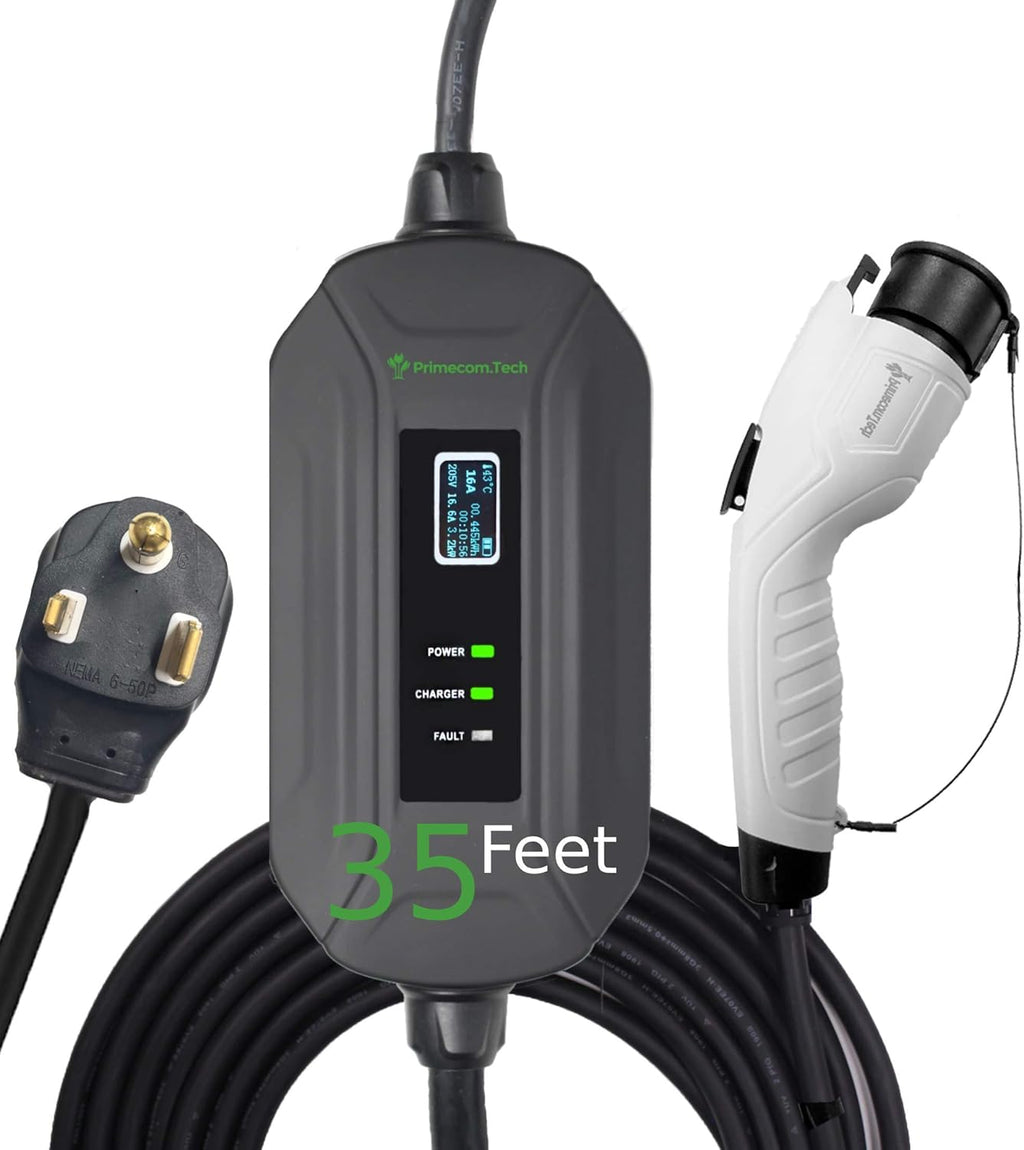 PRIMECOM Level 2 Electric Vehicle (EV) Charger (220V / 240Volt, 16Amp) Portable EVSE Smart Electric Car Charger, 30', 40', and 50 Feet Lengths (NEMA 6-50P, 35 Feet)