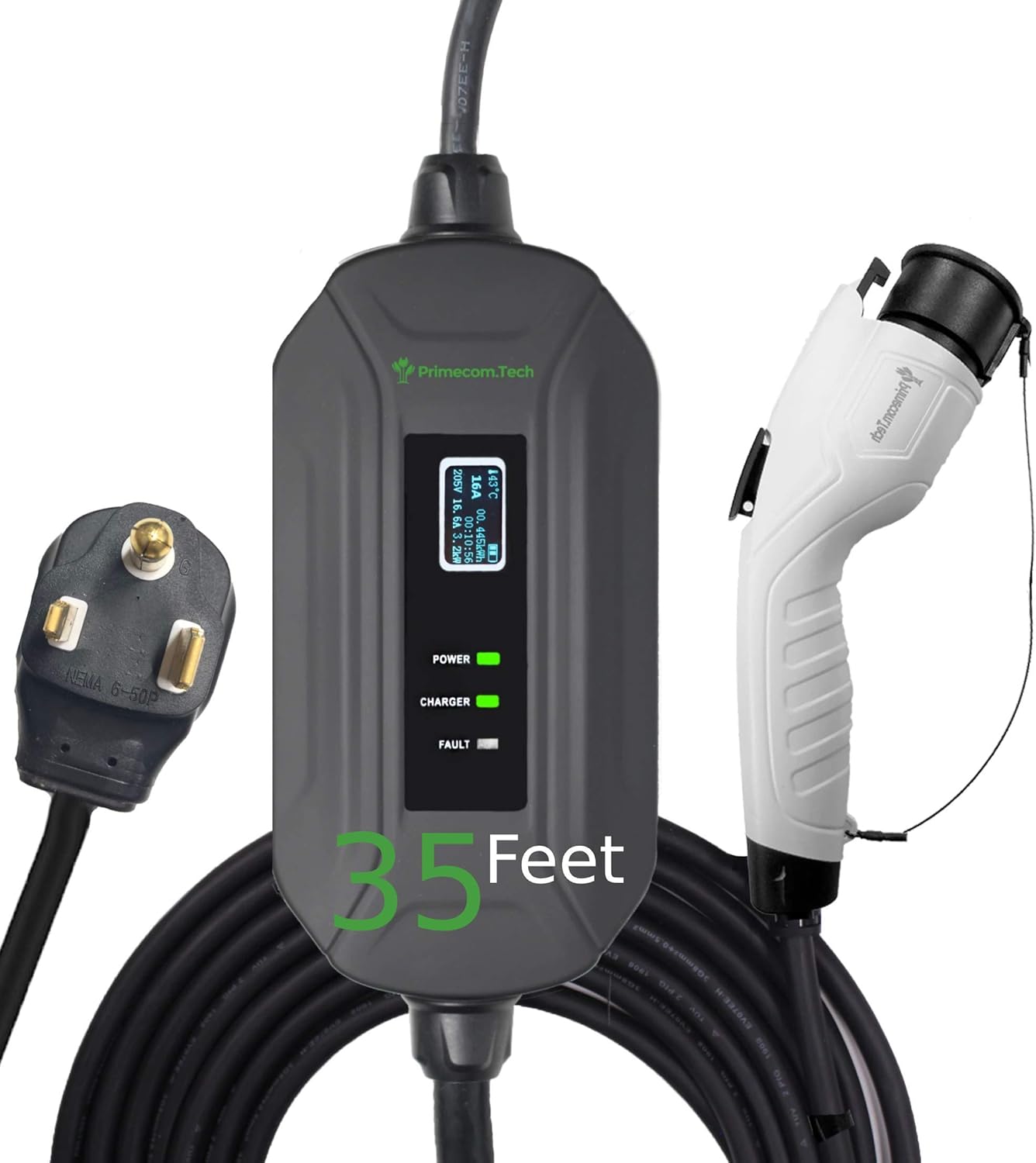 PRIMECOM Level 2 Electric Vehicle (EV) Charger (220V / 240Volt, 16Amp) Portable EVSE Smart Electric Car Charger, 30', 40', and 50 Feet Lengths (NEMA 6-50P, 35 Feet)