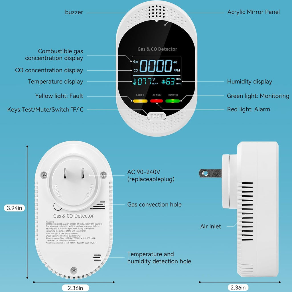 4-in-1 Carbon Monoxide Detectors,Plug in Combustible Gas Detector,Natural Gas & Co Gas Alarm Detectors with Temperature Humidity Display,Clear LCD Screen Sound Light Dual Alarm for Home RV Travel