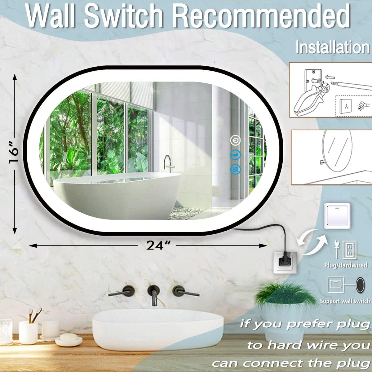 24 x 16 Inch Black Oval LED Vanity Mirror with Lights Smart Memory 3 Color Dimmable AntiFog Black Frame Oval Lighted Mirror for Bathroom Wall Horizontal Vertical Mount Ovals Light up Mirrors
