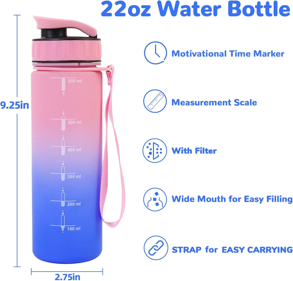 Large Water Bottle with Motivational Time Marker, Water Jug with Handle, Clear Sport Bottle for Gym Camping Workout Outdoors (22oz Pink)
