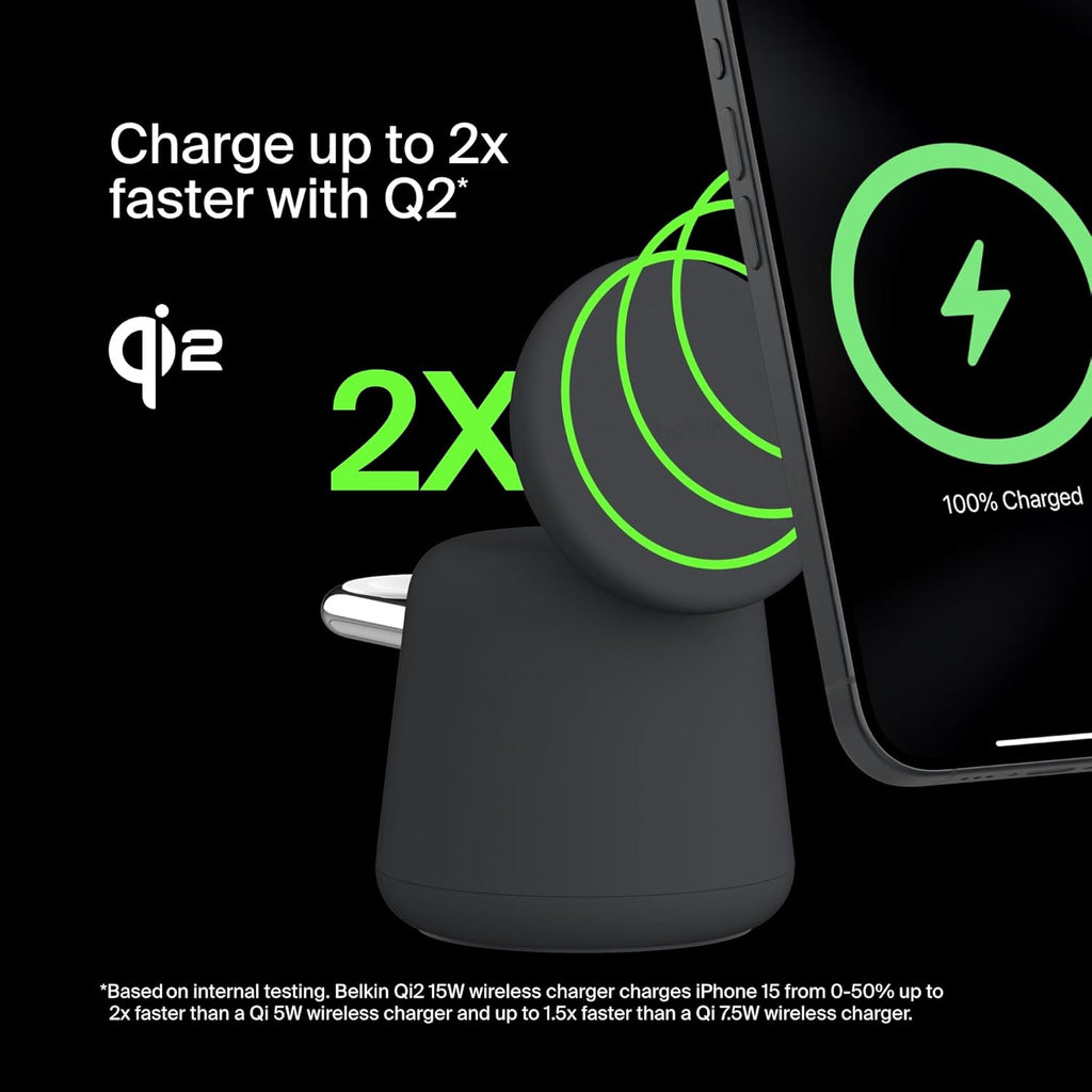 Belkin 2-in-1 Qi2 Wireless Charging Dock 15W Fast Charge iPhone Charger Compatible with iPhone 17, 16, 15, 14, and 13 Series, AirPods, and Other Qi2 Enabled Devices, Includes Power Supply - Black