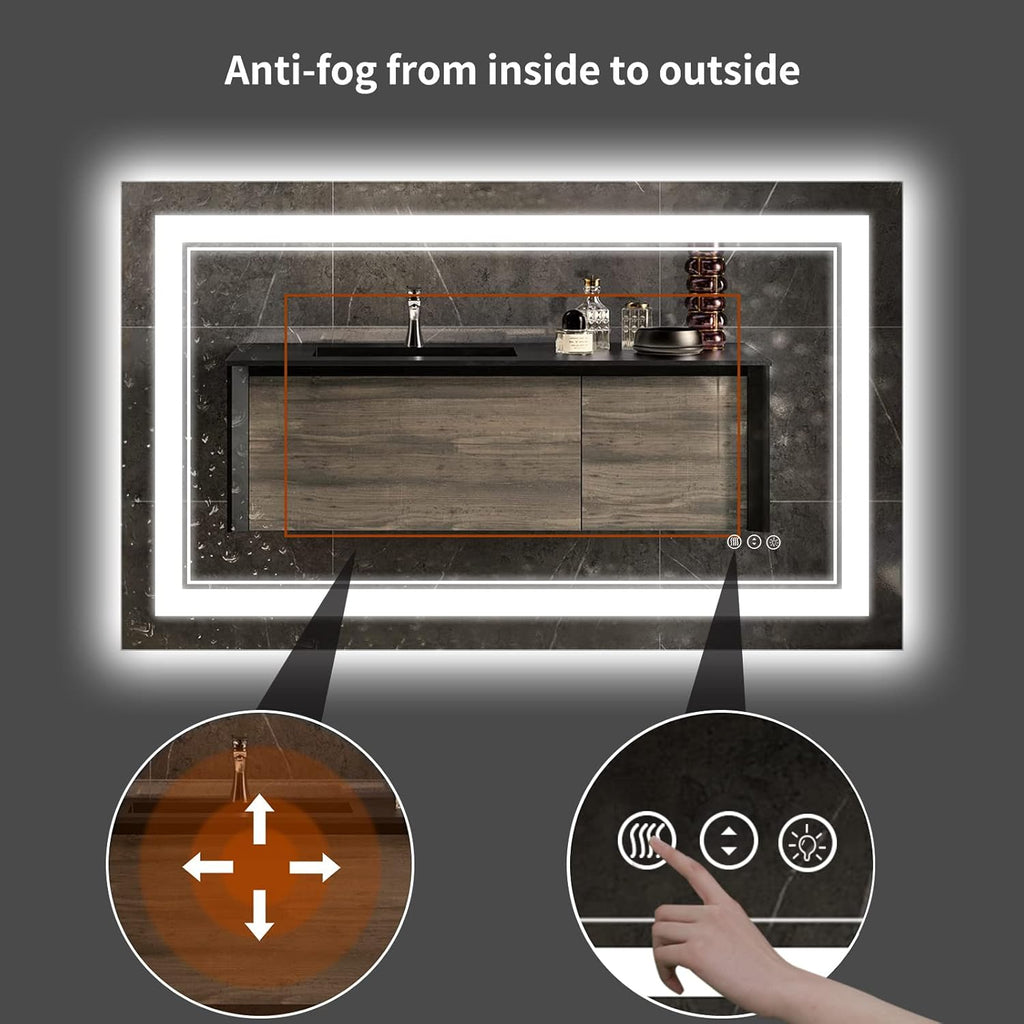 44 x 30 Inch LED Bathroom Mirror, Front Light and Backlit Lighted Vanity Mirror, Anti-Fog, Dimmable Memory, Shatterproof, Wall-Mounted