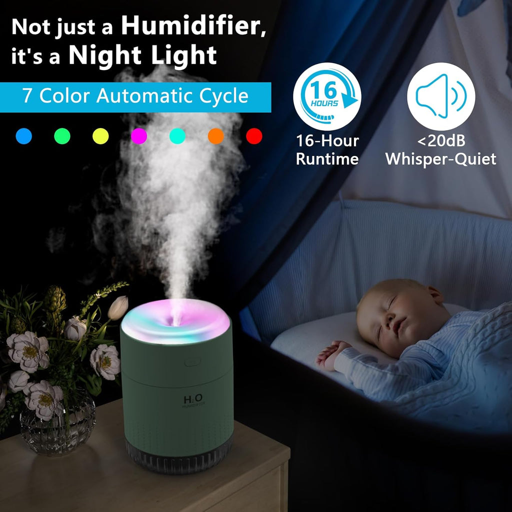 SZO Colorful Mini Humidifier, USB Rechargeable Humidifier, 4 Modes Super Quiet, Humidifiers For Bedroom,Suitable For Travel Office Family-Green