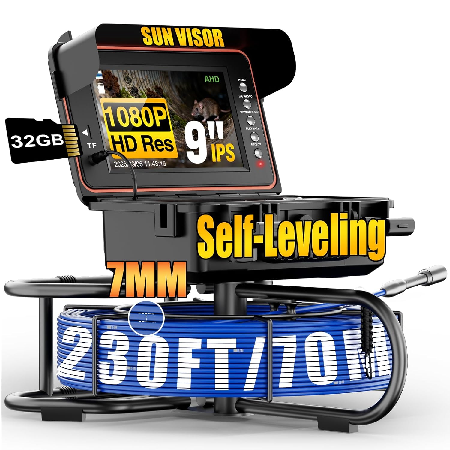 Sewer Camera, Self Leveling Drain Camera 230ft with Meter Counter, 9" HD Plumbing Cameras Snake with 12 LED Lights, 5100mAh Battery, IP68 & 32GB DVR Recorder, Duct Sewer Line Pipe Inspection