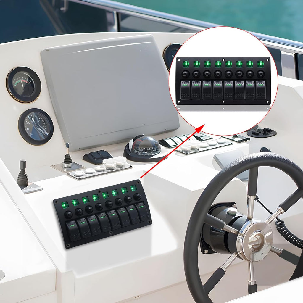 Geloo 8 Gang Marine Rocker Switch Panel, Boat Switch Panel Waterproof, Marine Switches Panel, 12V Aluminum Switch Panel for Car RV Truck Green LED Toggle Switches with Circuit Breaker (Green)